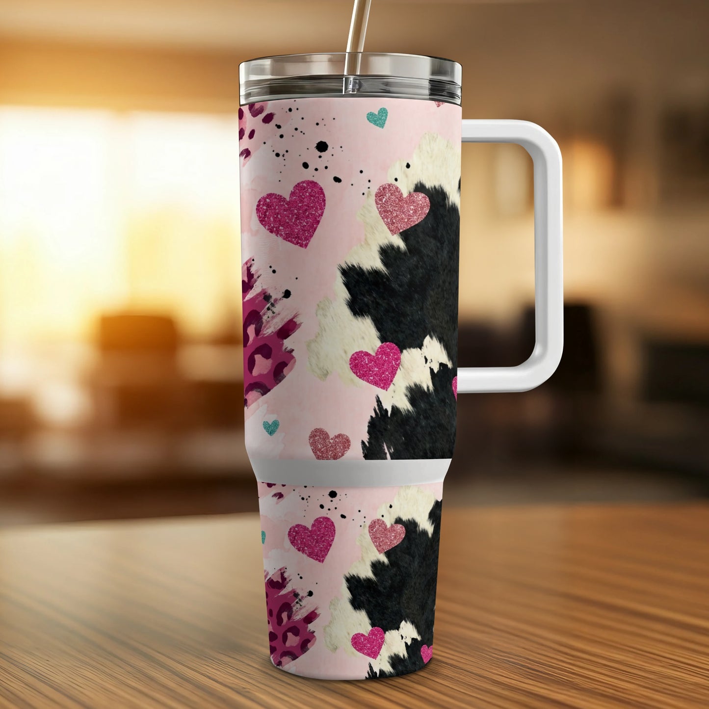 Pink tumbler with cow print and glitter heart pattern, white handle, and straw.