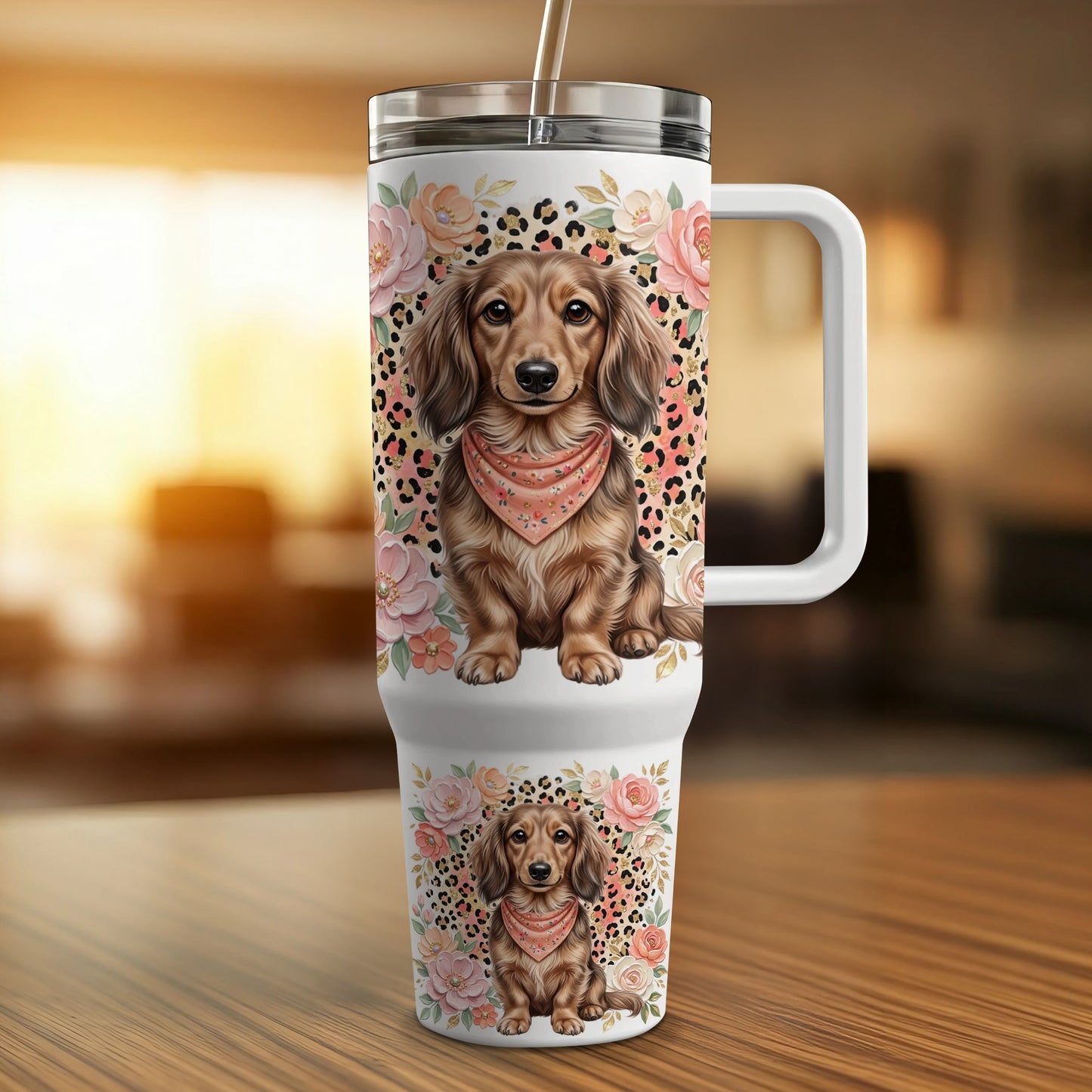 Dachshunds with bandanas on a floral and leopard print background.