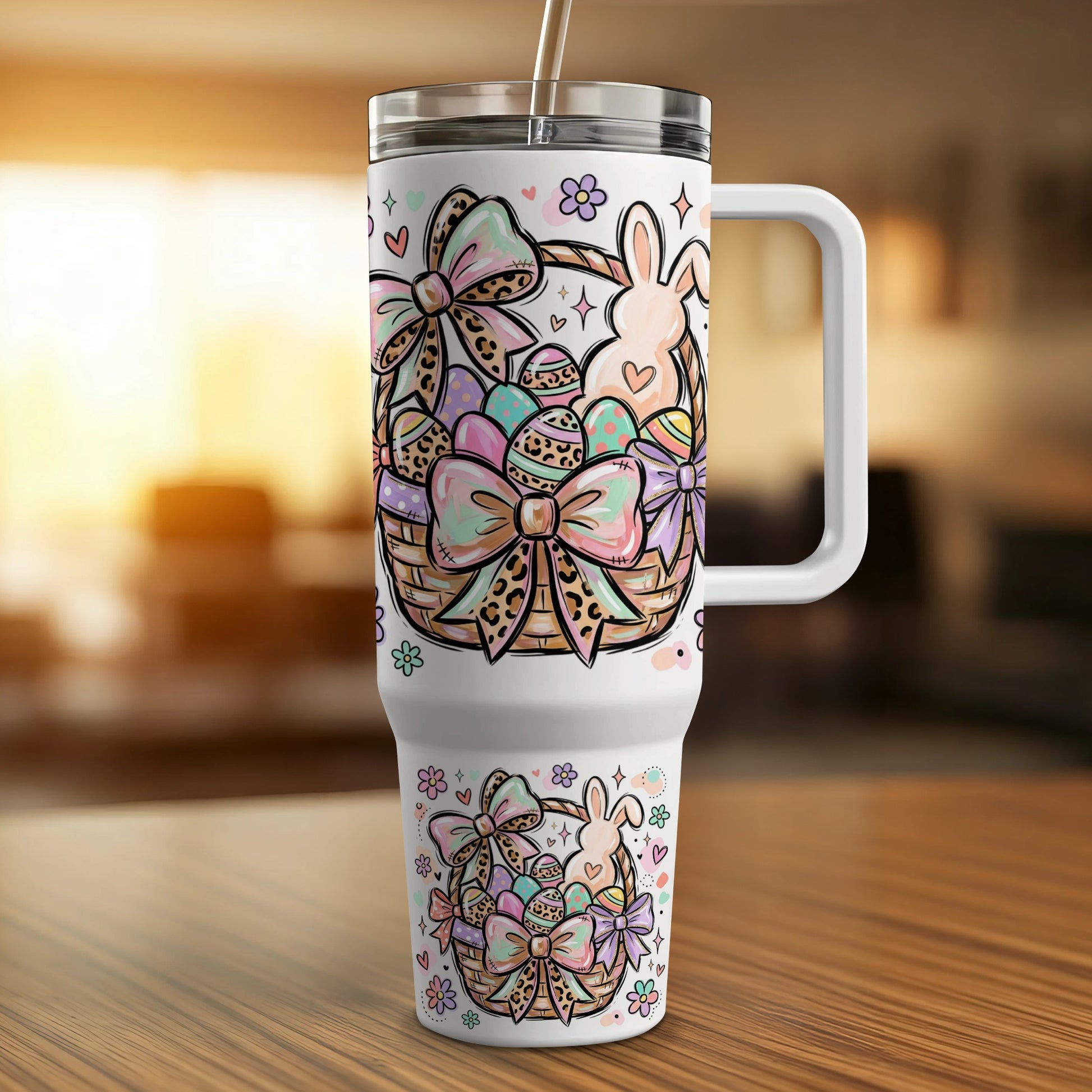 White tumbler with Easter basket and bunny illustrations.