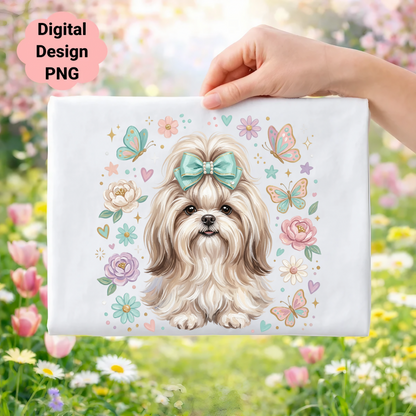 Shih Tzu dog with flowers and butterflies, digital design PNG.