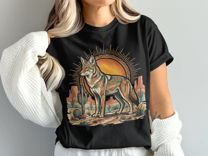 Black t-shirt with a coyote and desert landscape design.