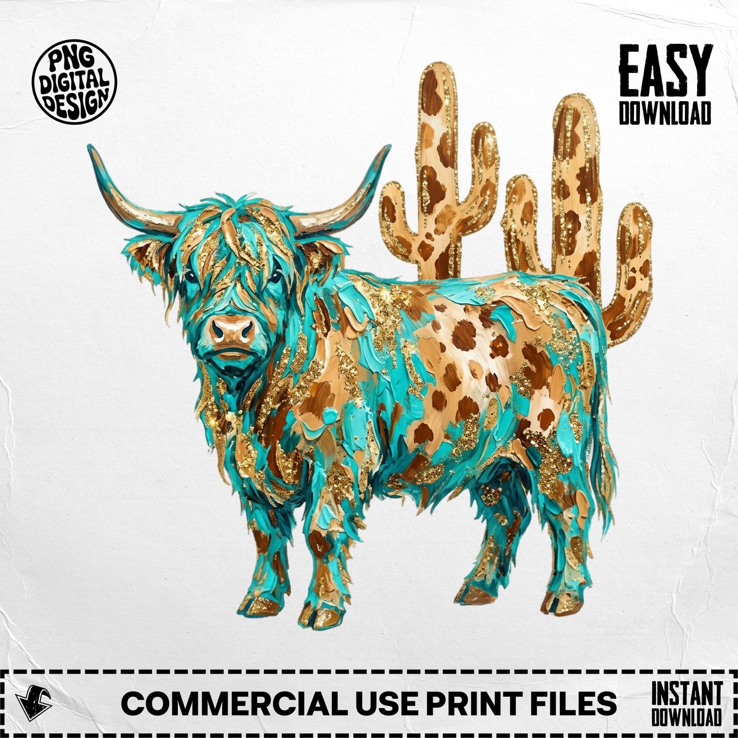 Highland cow with teal and gold paint splatters, against cacti background.