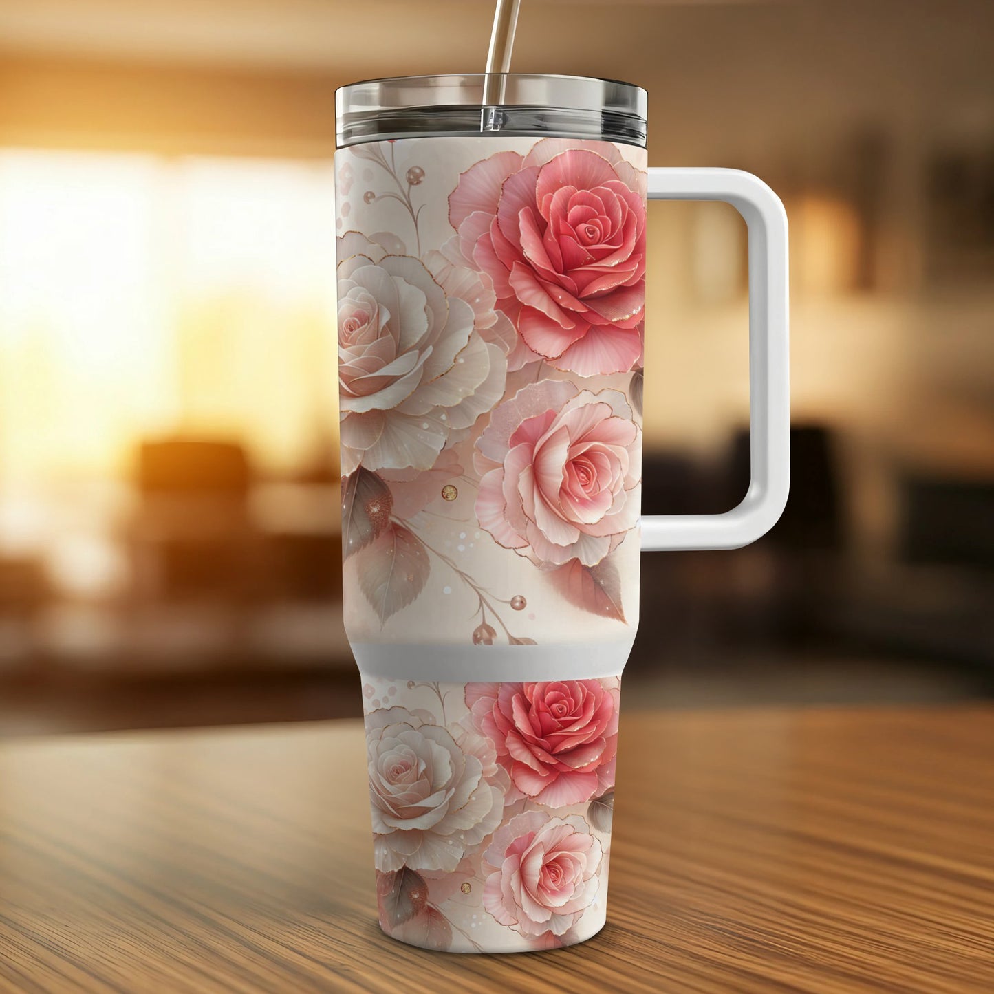 Tumbler with pink and white roses and a white handle.