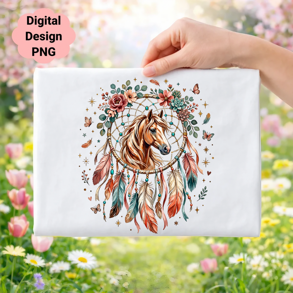 Dreamcatcher with horse, flowers, and feathers on white fabric.