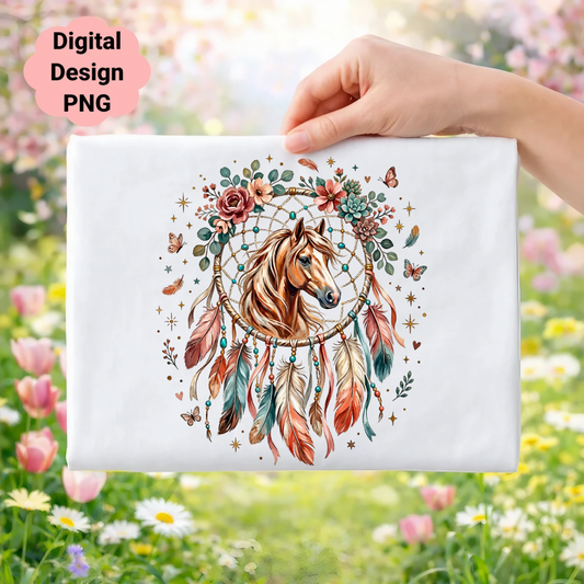Dreamcatcher with horse, flowers, and feathers on white fabric.