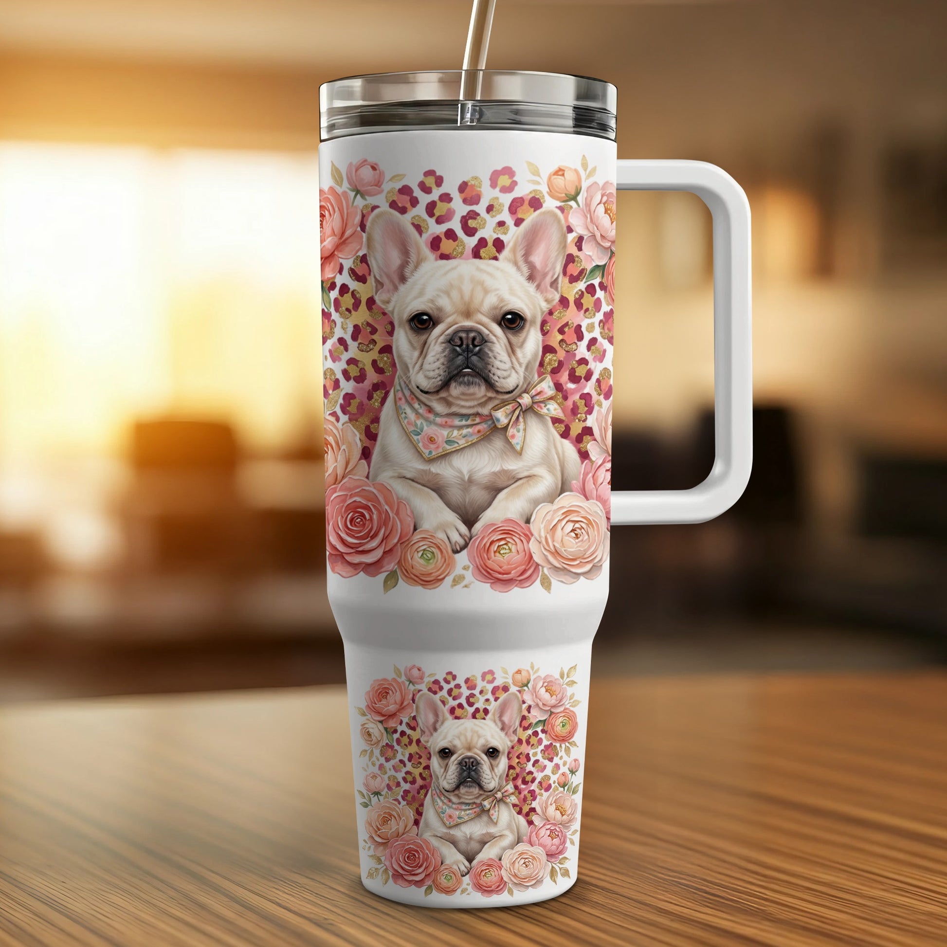 French bulldog with flowers on a travel tumbler with handle.