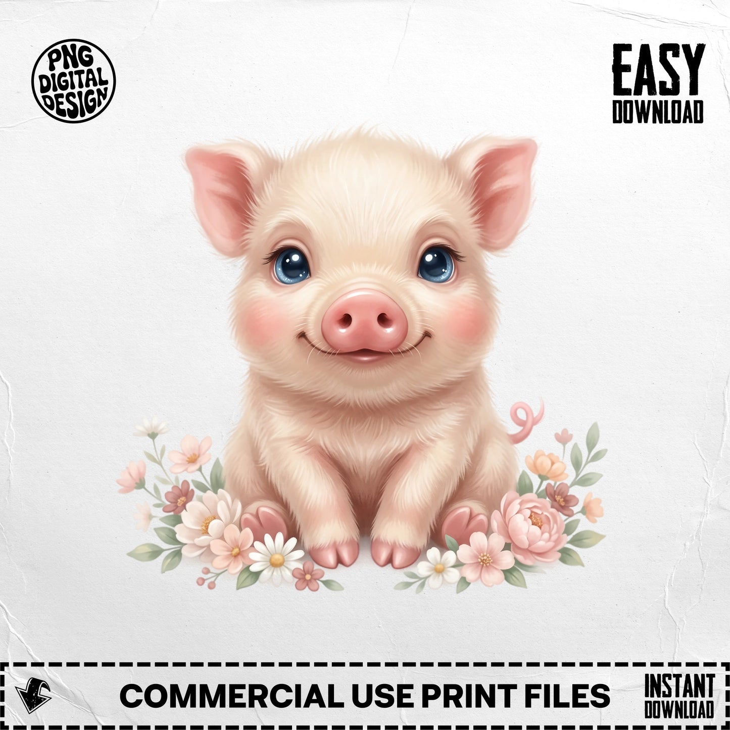 Cute cartoon piglet with flowers, "Easy Download" and "Commercial Use Print Files" text.