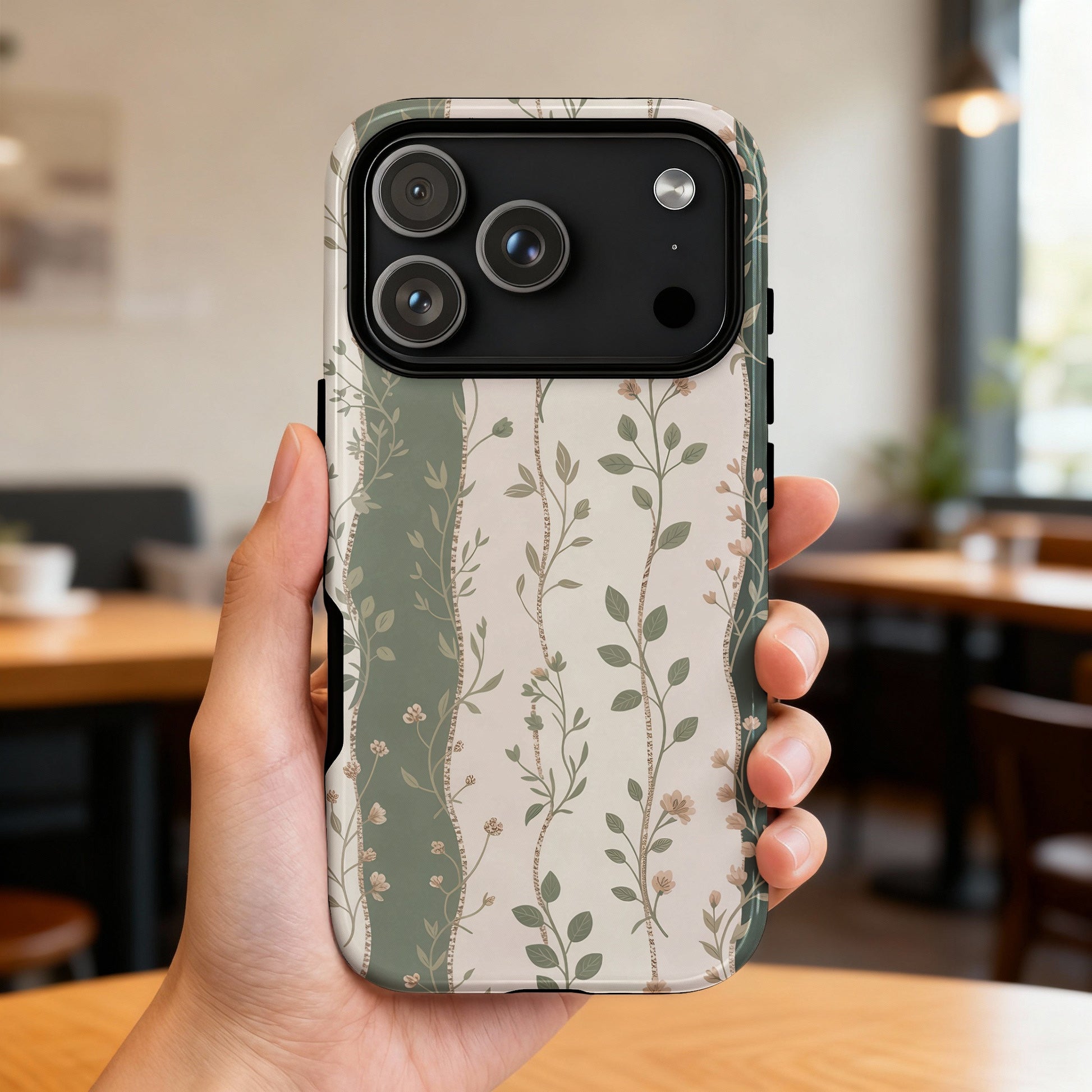 iPhone 14 Pro case with a floral botanical pattern on a neutral background.