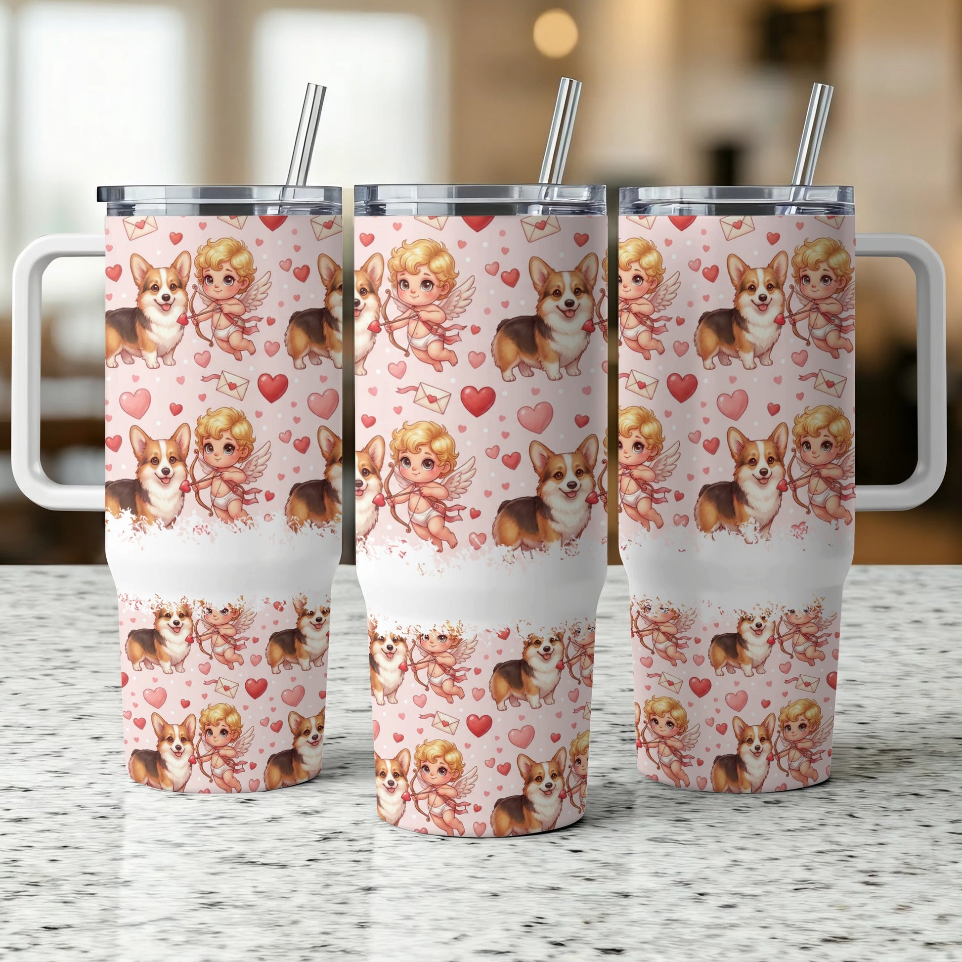 Three tumblers with a repeating corgi and cupid Valentine's Day pattern.