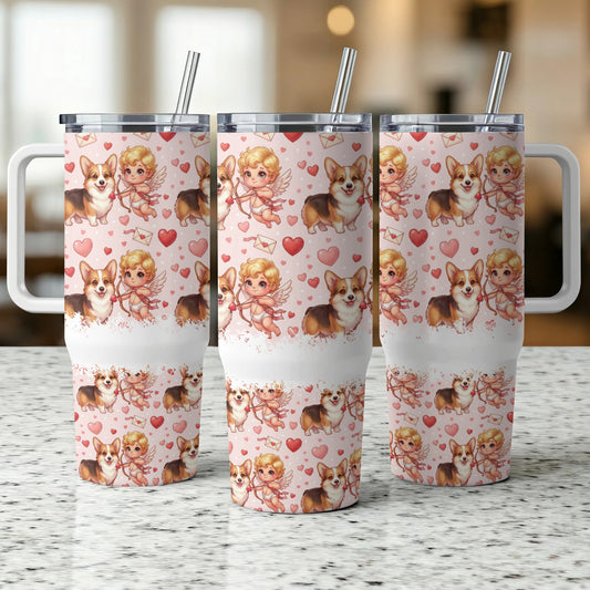 Three tumblers with a repeating corgi and cupid Valentine's Day pattern.