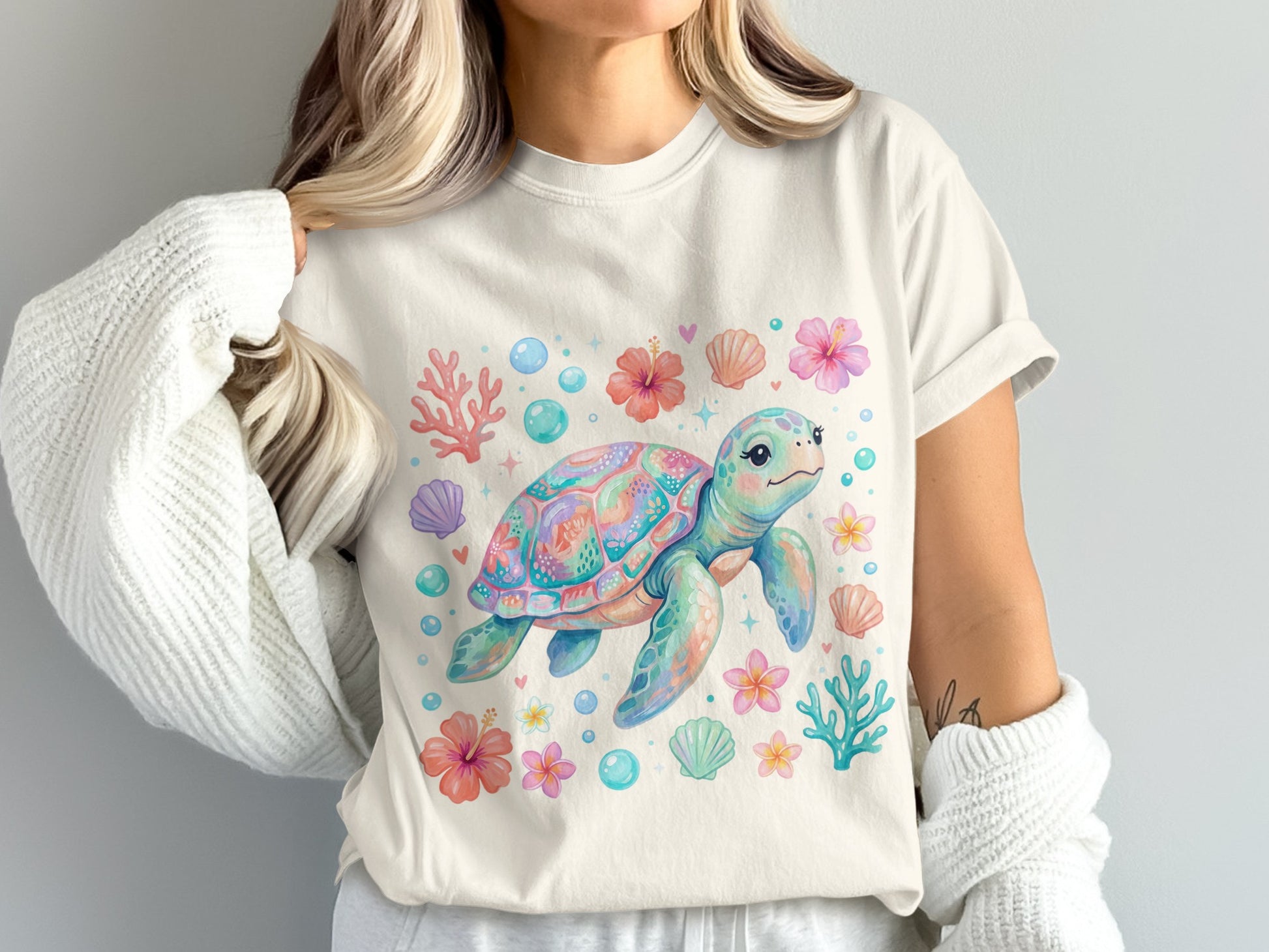 Colorful cartoon sea turtle surrounded by seashells and coral.