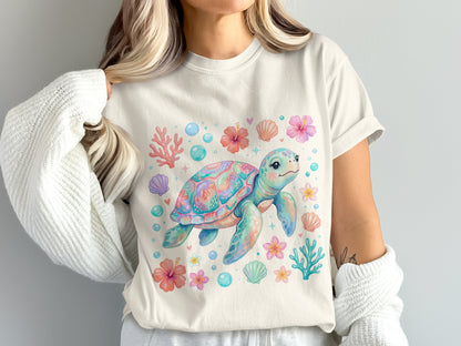 Colorful cartoon sea turtle surrounded by seashells and coral.