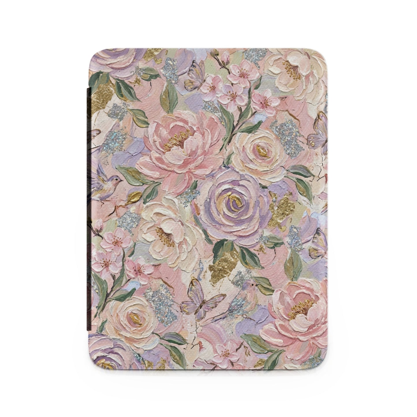 Floral notebook cover with roses, butterflies, birds, and glitter accents.