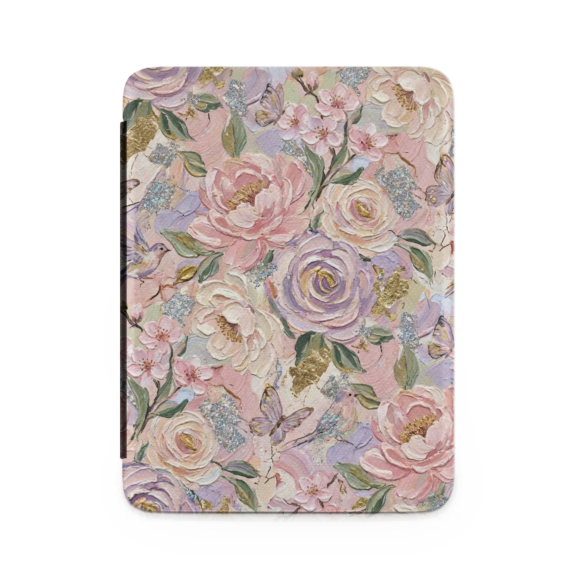 Floral notebook cover with roses, butterflies, birds, and glitter accents.