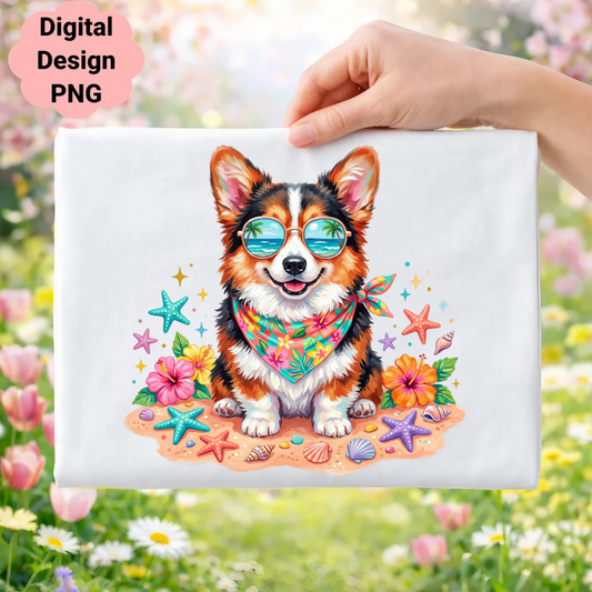 Corgi wearing sunglasses and a bandana, surrounded by seashells and flowers.