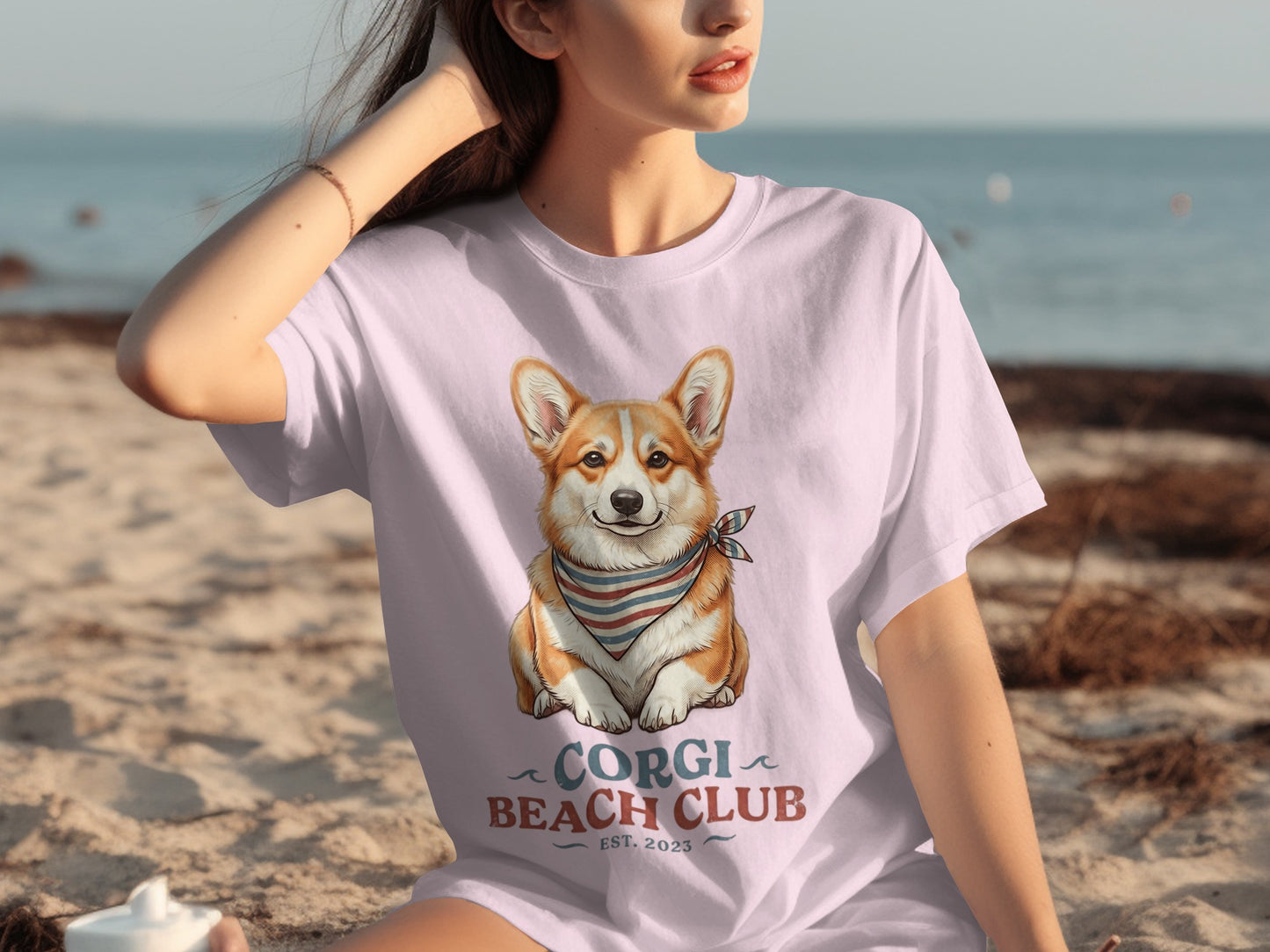 Corgi wearing bandana on white t-shirt, "Corgi Beach Club" text.