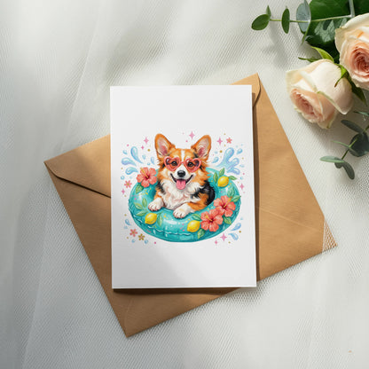 Corgi wearing heart sunglasses in a pool float with flowers.