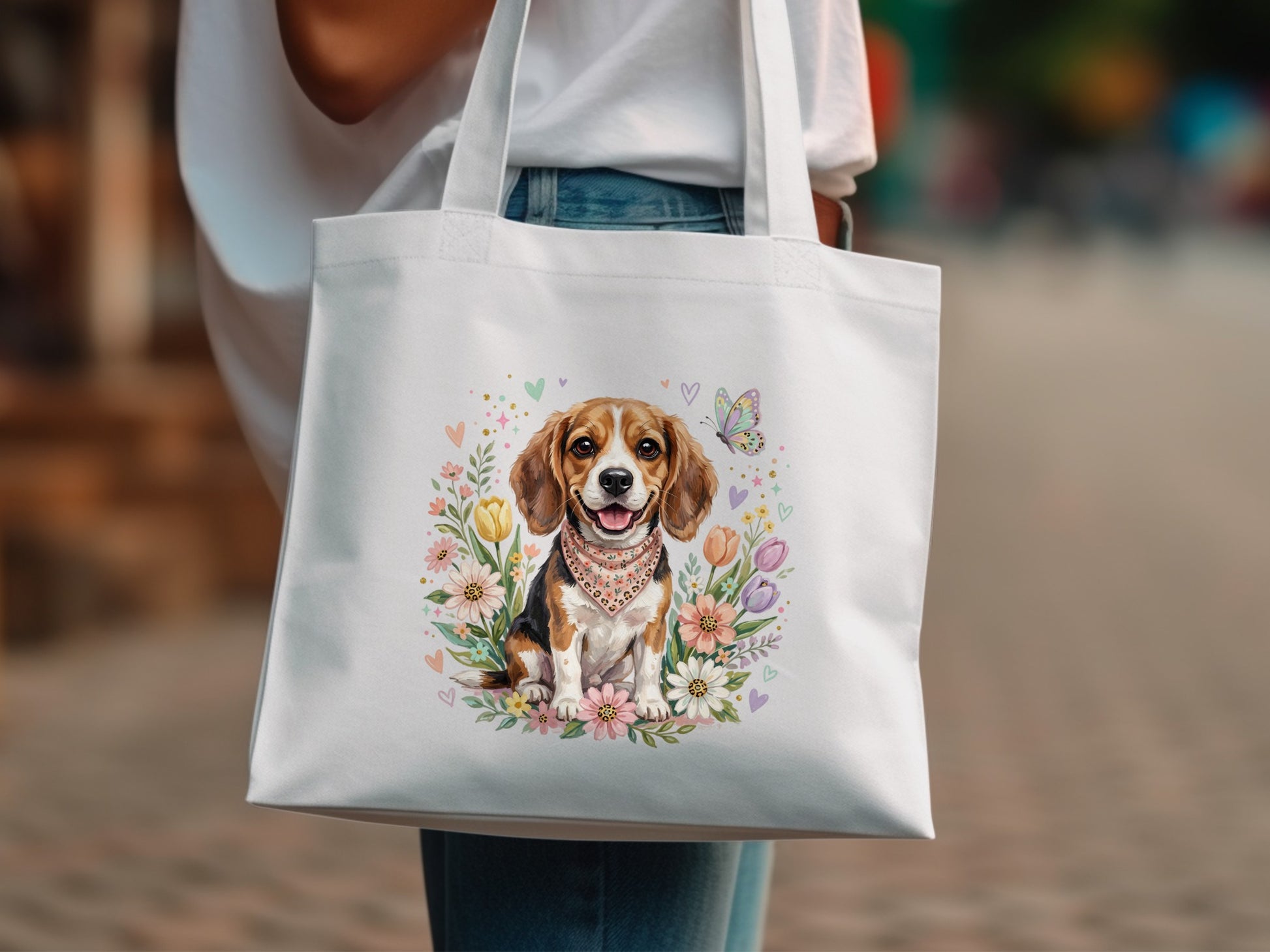 White tote bag with a beagle dog and floral border, featuring a butterfly.