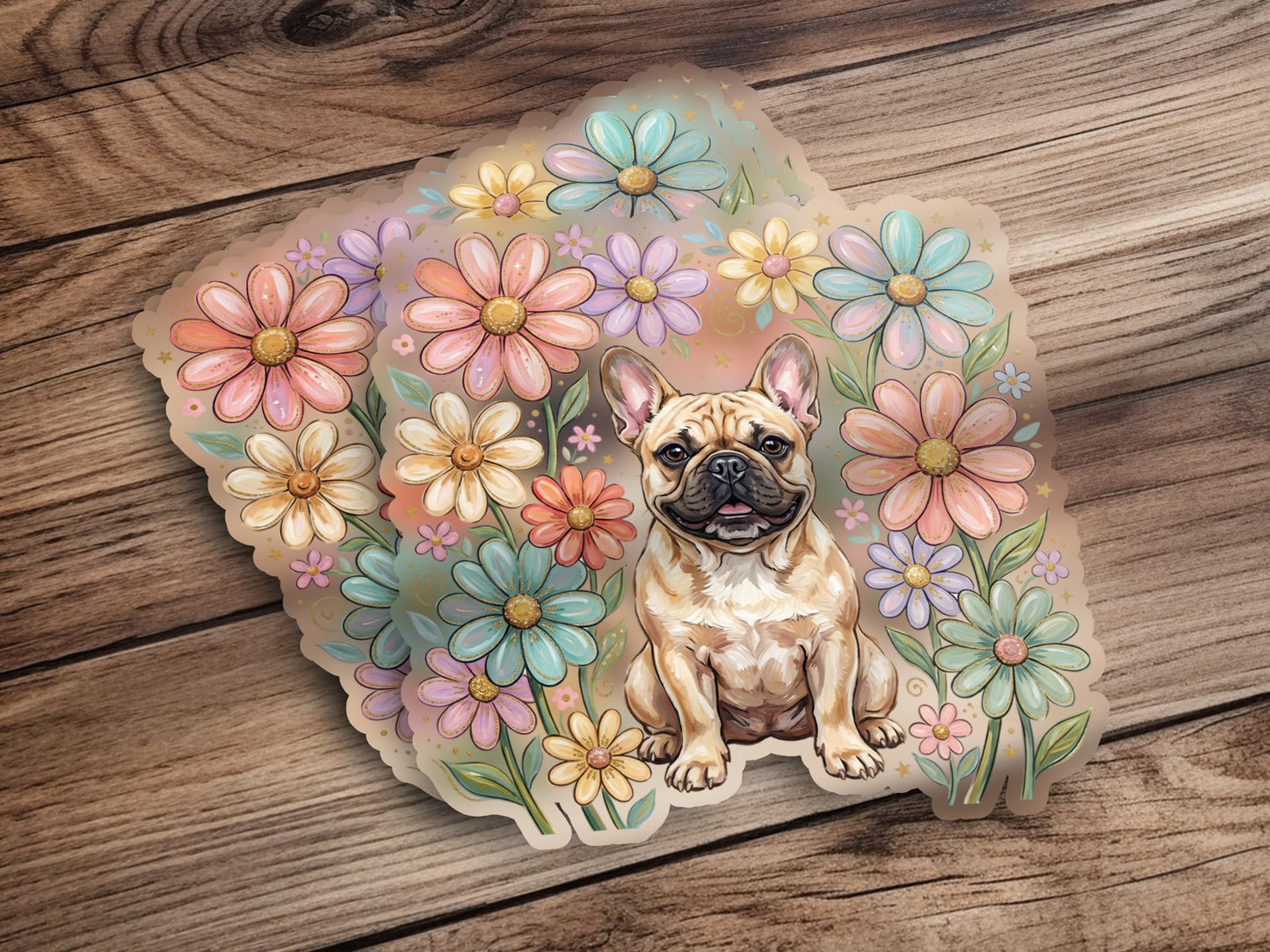 French bulldog sitting surrounded by a floral wreath.