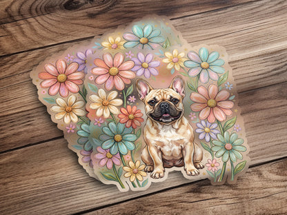 French bulldog sitting surrounded by a floral wreath.