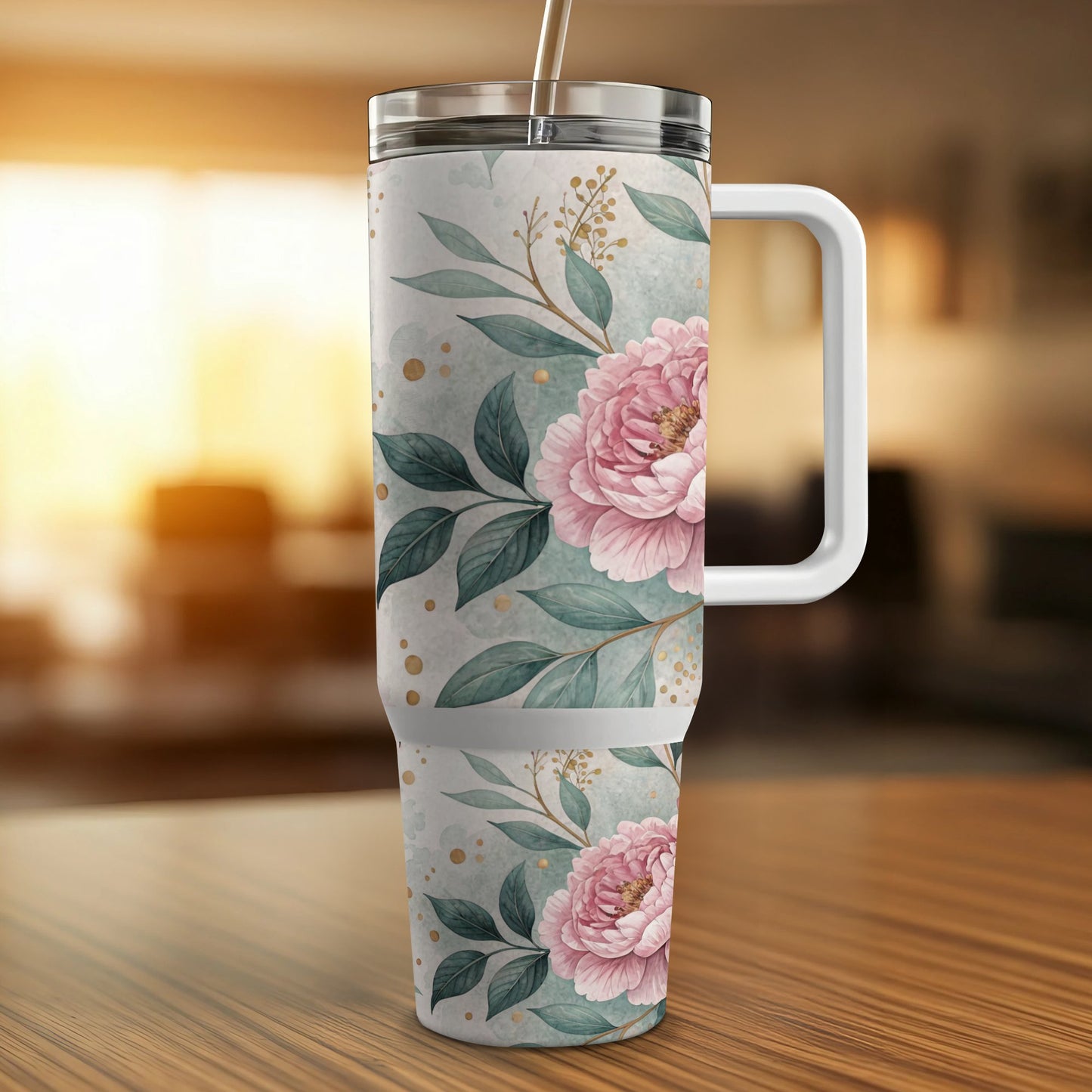 Floral tumbler with handle and straw, featuring pink peonies and gold accents.