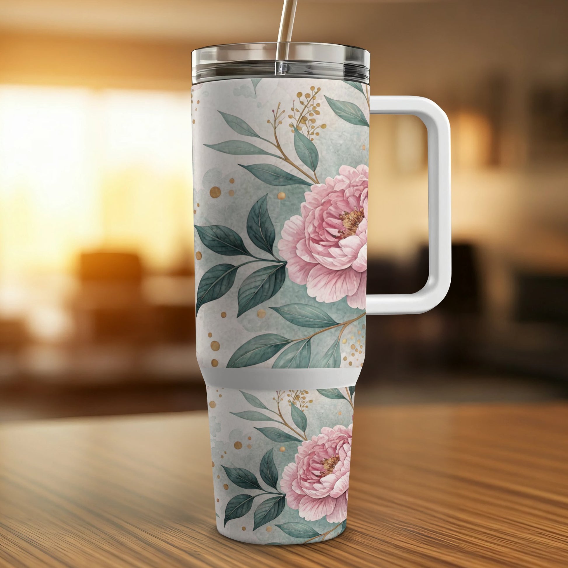 Floral tumbler with handle and straw, featuring pink peonies and gold accents.