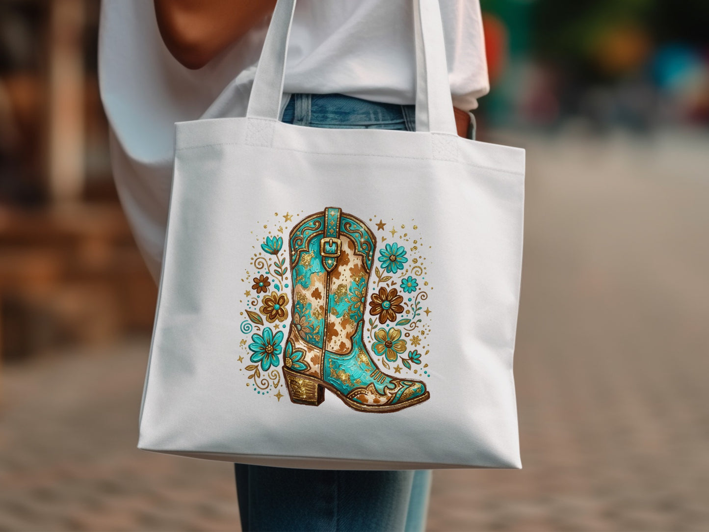 White tote bag with turquoise cowboy boot and floral design.