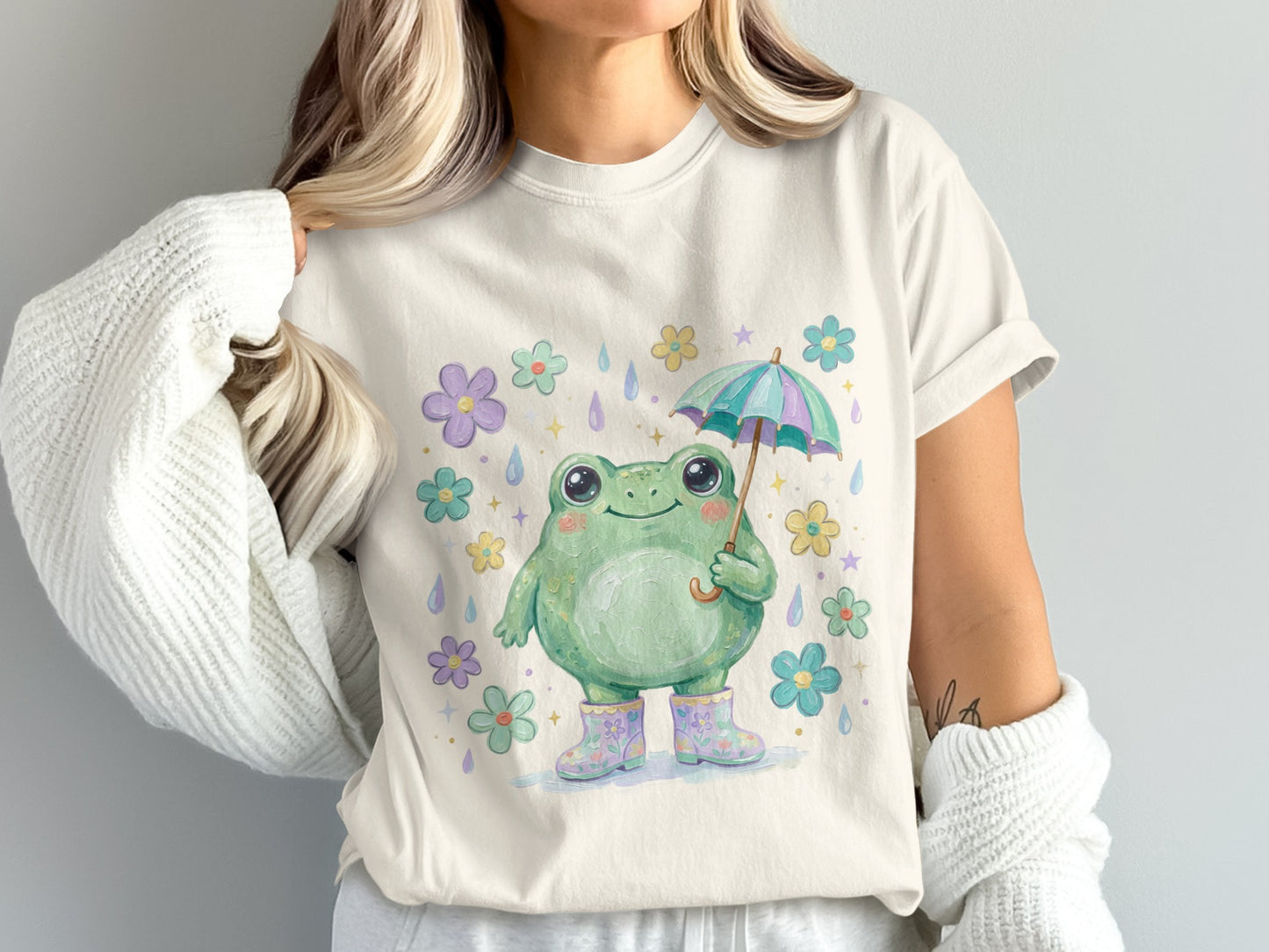 Cute frog holding umbrella with flowers and raindrops.
