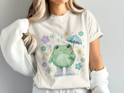 Cute frog holding umbrella with flowers and raindrops.