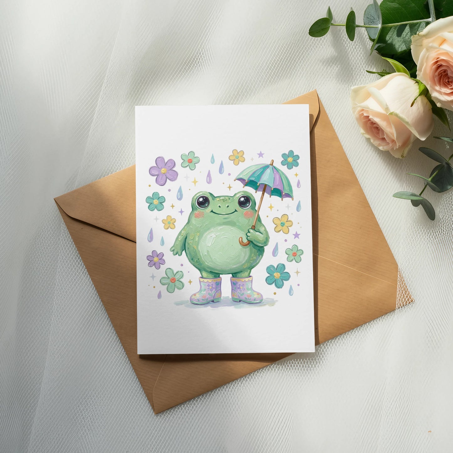 Cute frog in boots holding umbrella with flowers on greeting card.