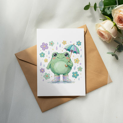 Cute frog in boots holding umbrella with flowers on greeting card.