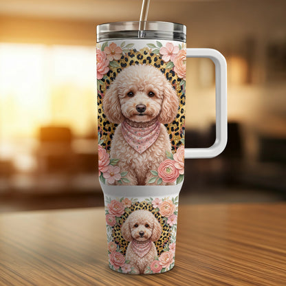Pink bandana poodle on floral and leopard print tumbler.