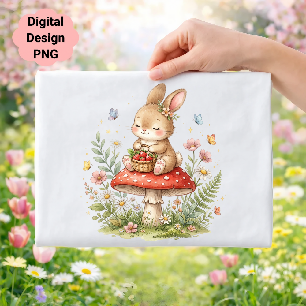 Cute bunny on mushroom with strawberries and butterflies.