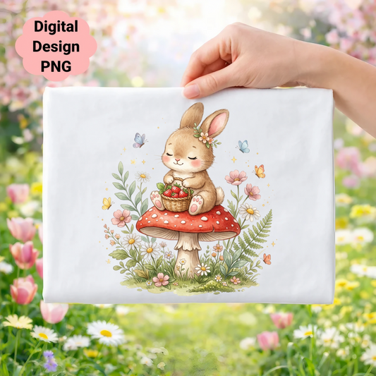 Cute bunny on mushroom with strawberries and butterflies.