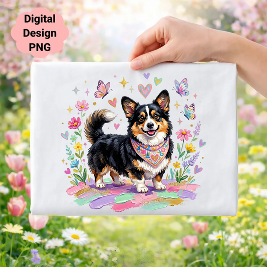 Corgi with bandana surrounded by flowers and butterflies, digital design.