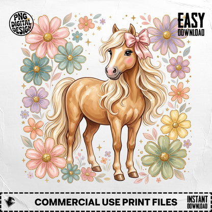 Blonde horse with a pink bow surrounded by pastel flowers.