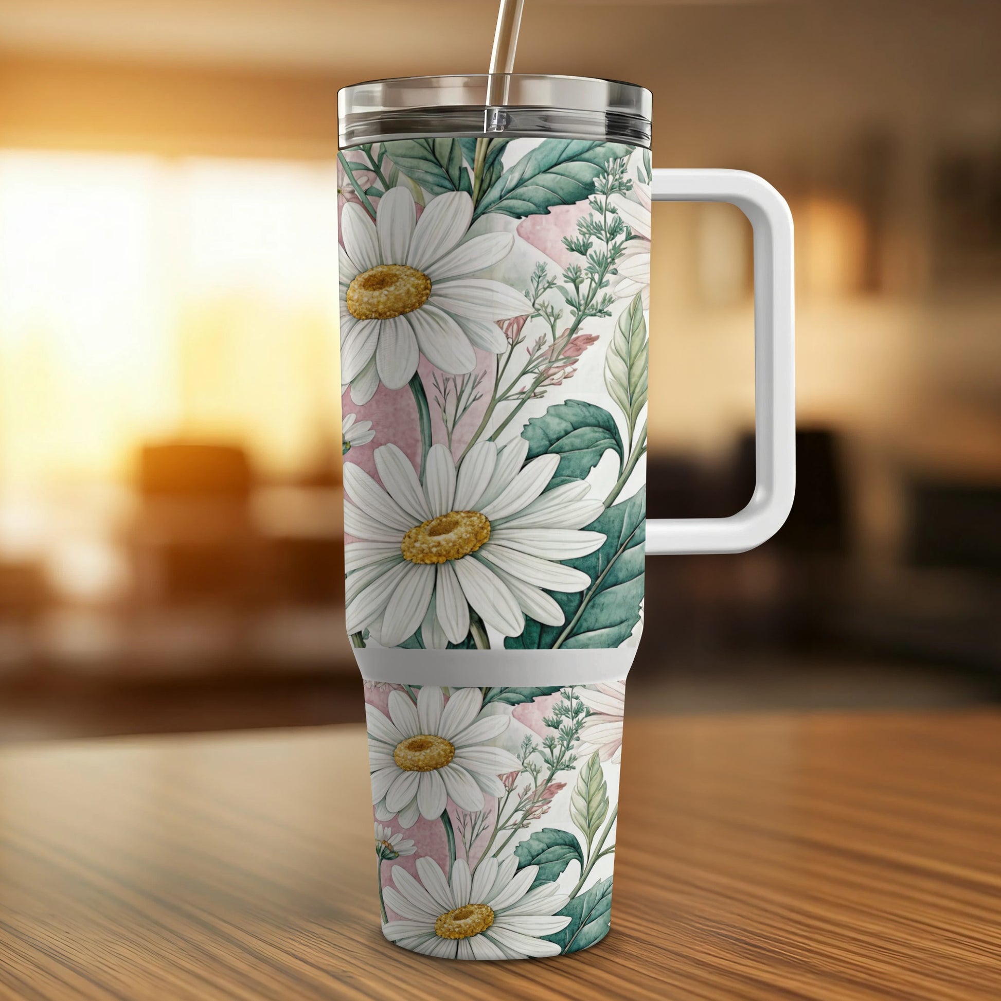White daisies and green leaves pattern on a tall tumbler with a handle.