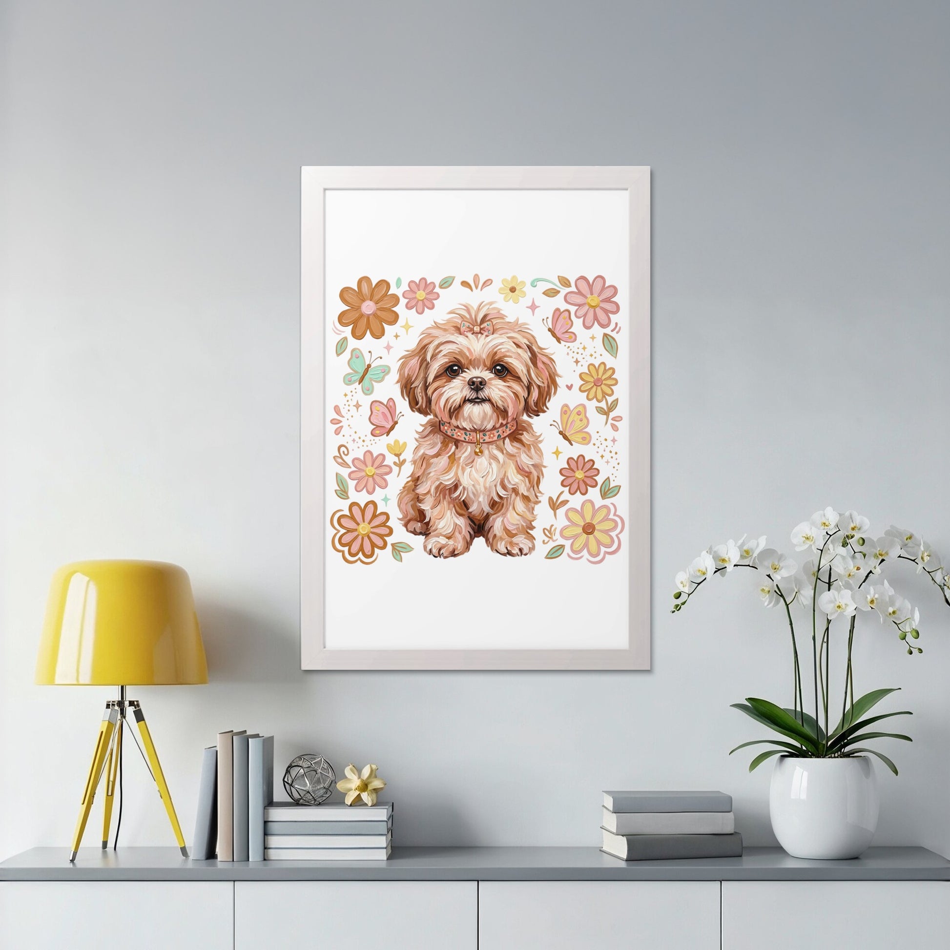Framed illustration of a small, fluffy brown dog surrounded by colorful flowers.
