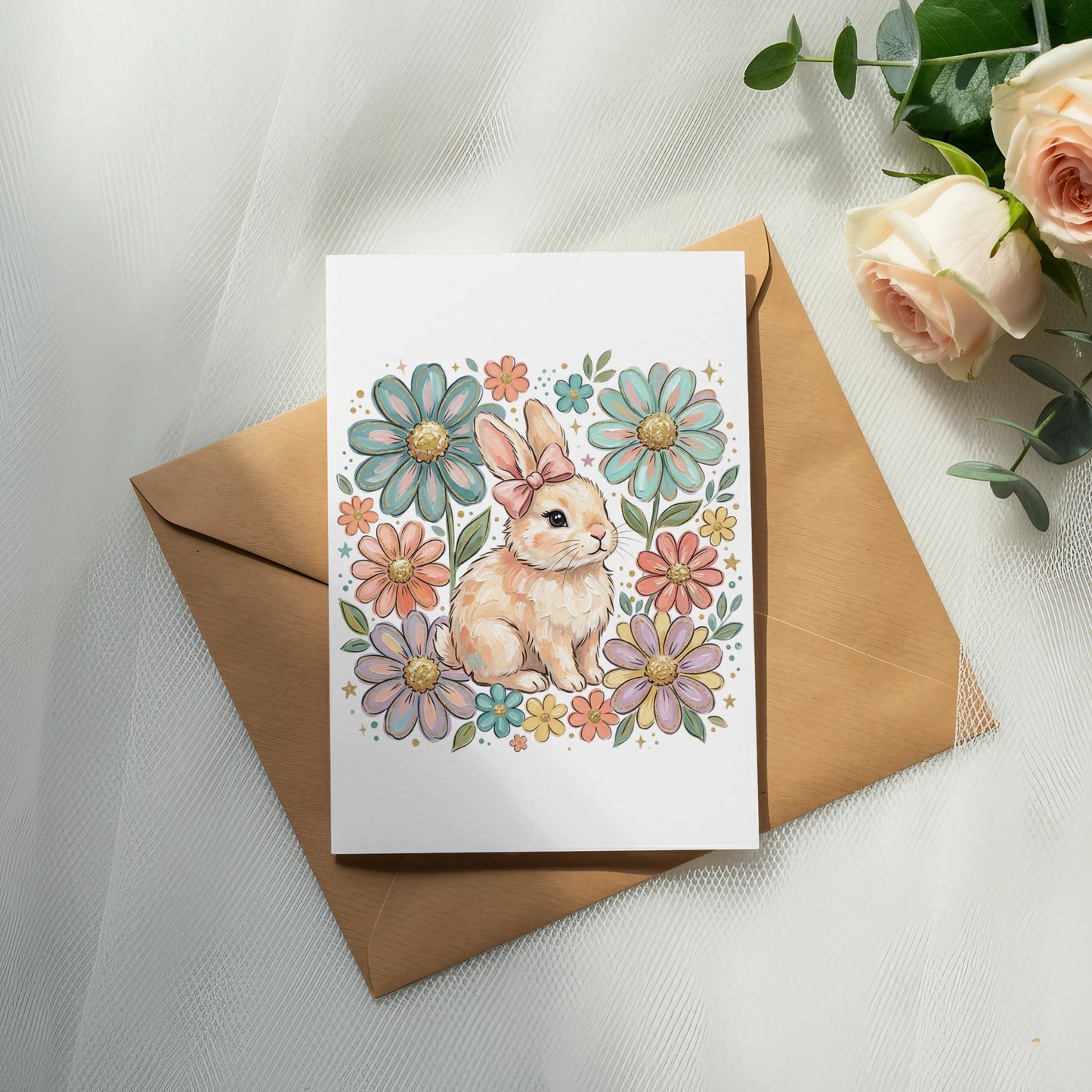 Illustration of a bunny surrounded by colorful flowers on a card.