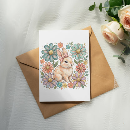 Illustration of a bunny surrounded by colorful flowers on a card.