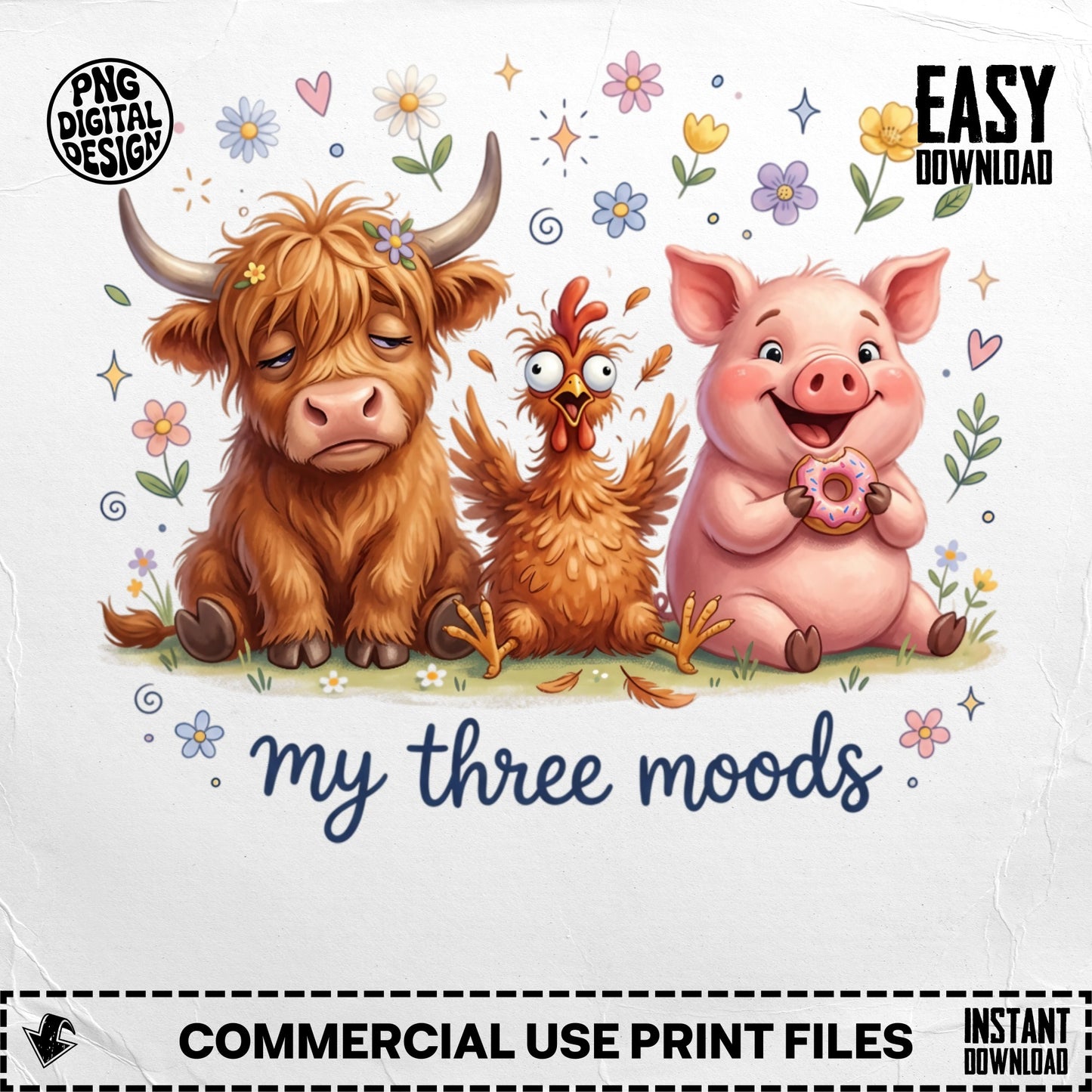 Cute cartoon cow, chicken, and pig with "my three moods" text.