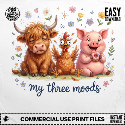 Cute cartoon cow, chicken, and pig with "my three moods" text.