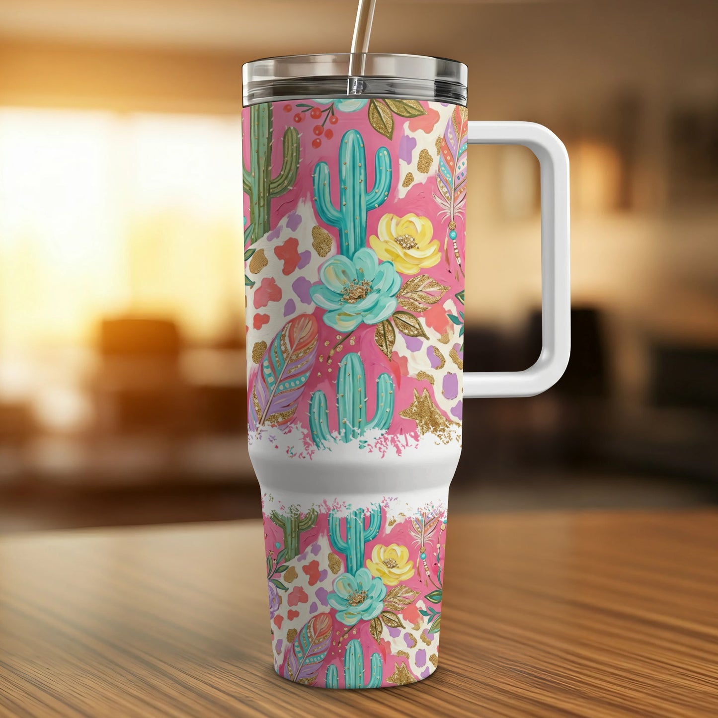 Tumbler with colorful cactus, feather, and floral desert-themed design.