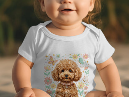 White baby onesie with poodle and floral graphic.