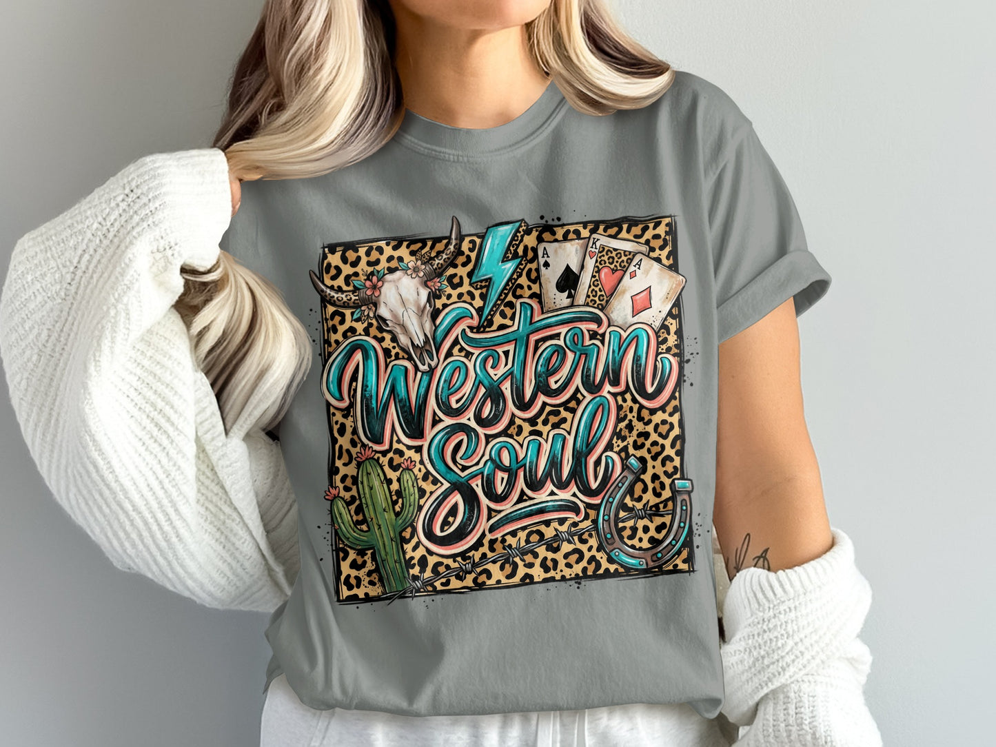 Gray t-shirt with "Western Soul" text, skull, cactus, and horseshoe graphic.