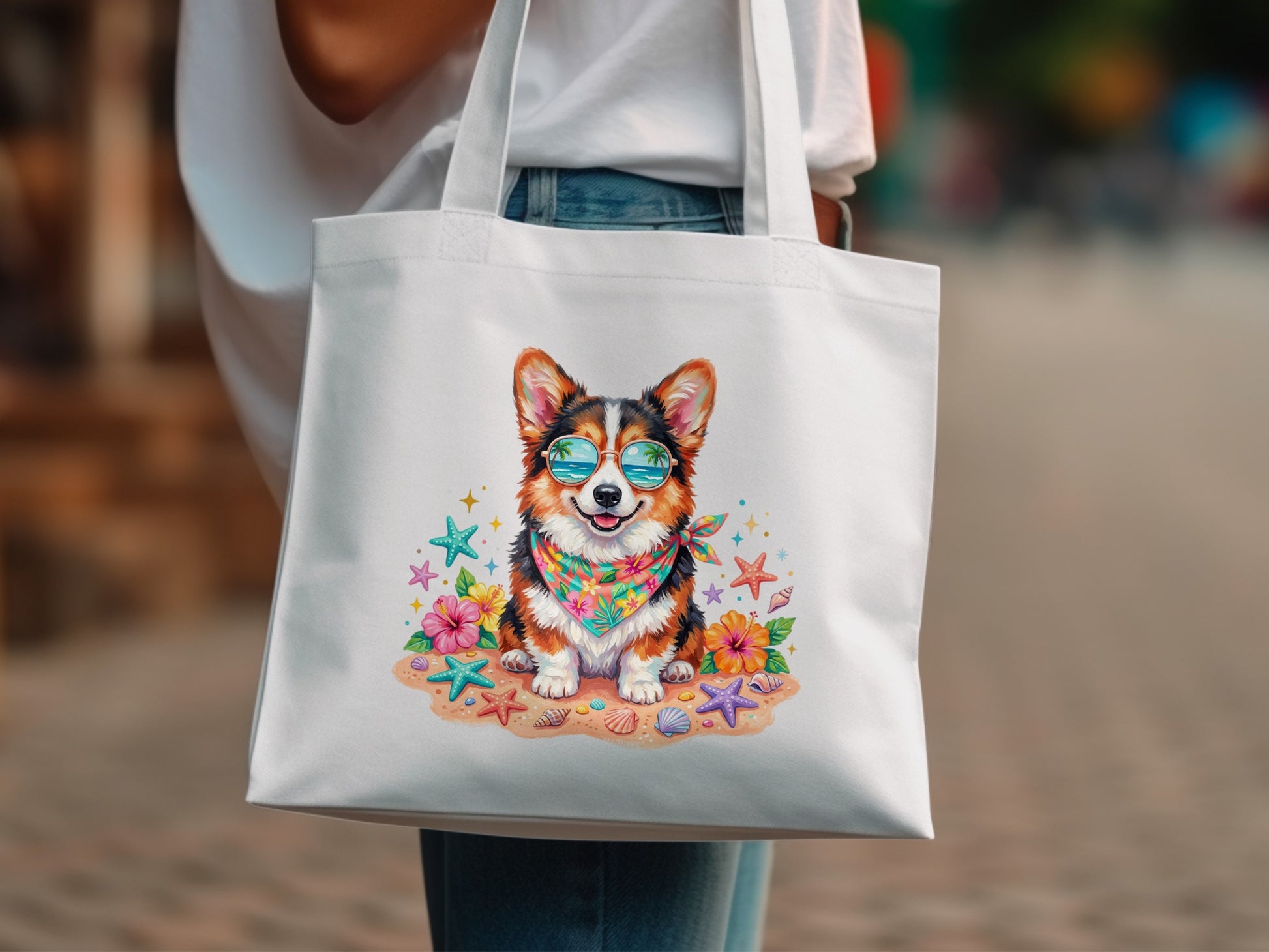 Corgi wearing sunglasses and bandana on a beach, on a white tote bag.
