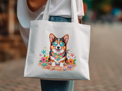 Corgi wearing sunglasses and bandana on a beach, on a white tote bag.