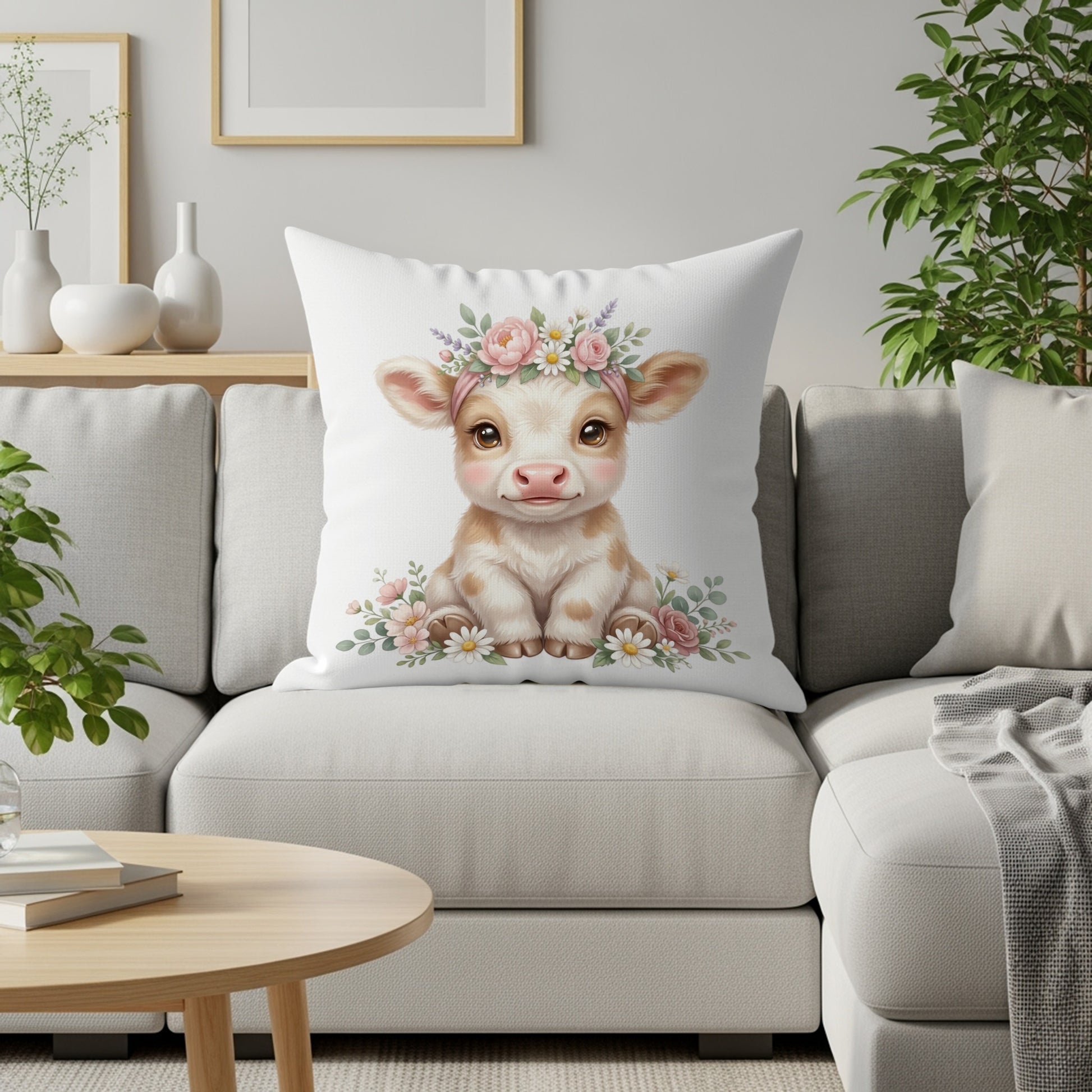 Cute cartoon calf wearing a floral crown sits on a couch.