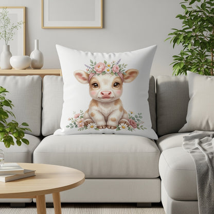 Cute cartoon calf wearing a floral crown sits on a couch.