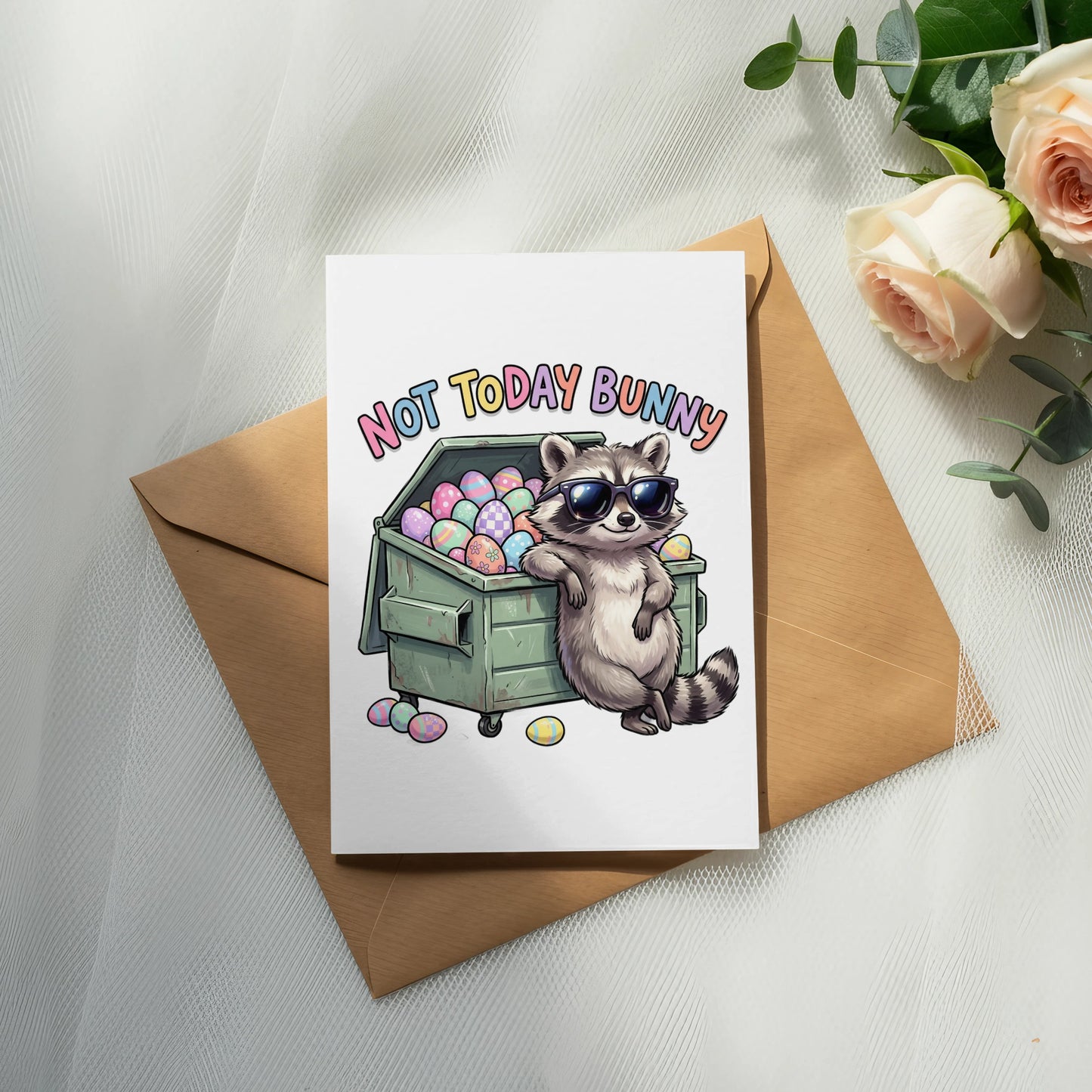 Card with raccoon wearing sunglasses in a dumpster full of Easter eggs.